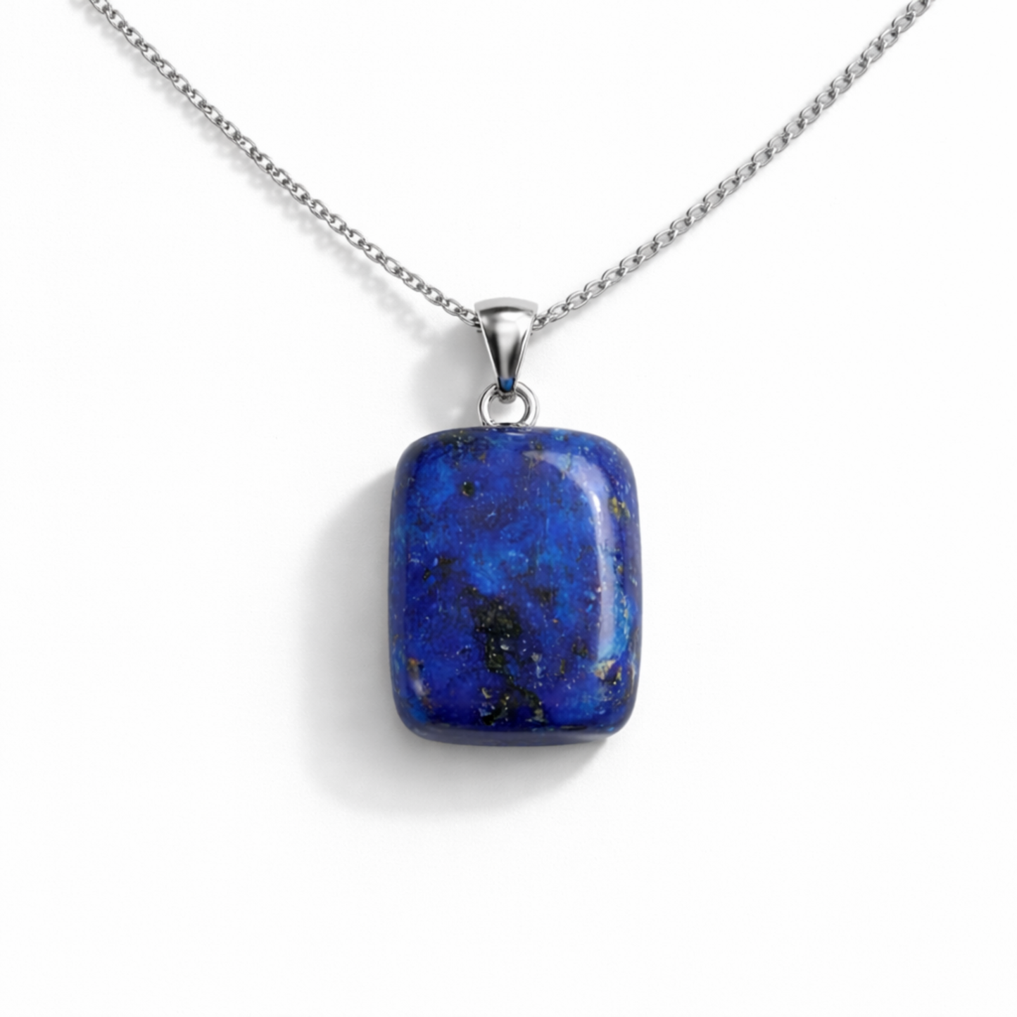 Lapis lazuli necklace square blue stone pendant on silver chain by Moon Sutras