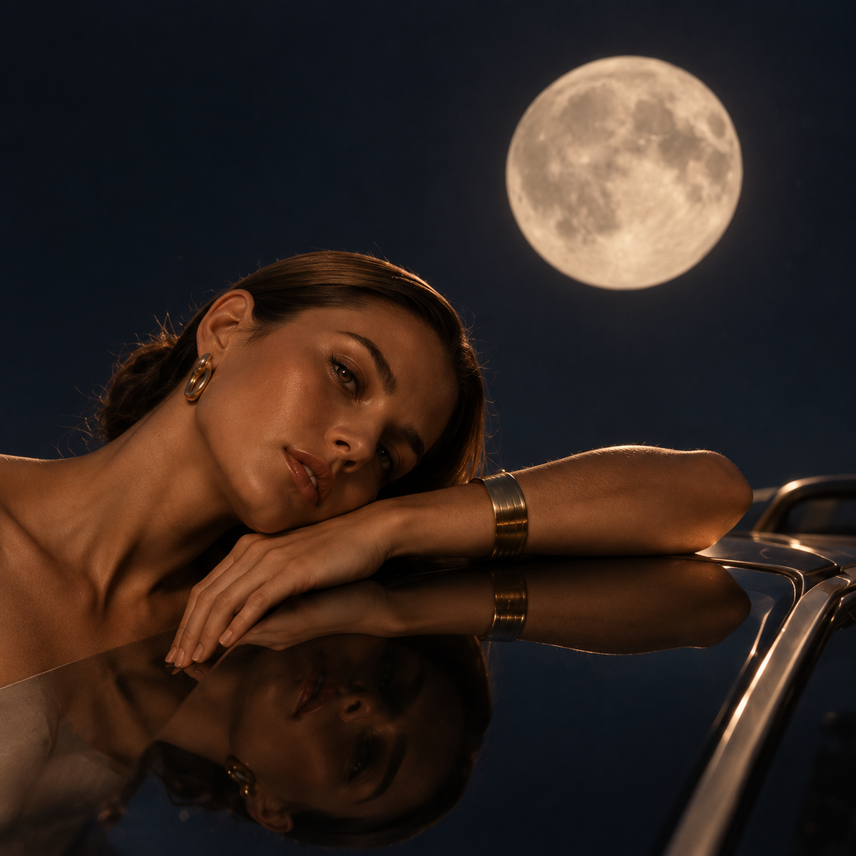 Libra Moon woman beneath a full Moon, reflecting Libra’s connection to beauty and balance
