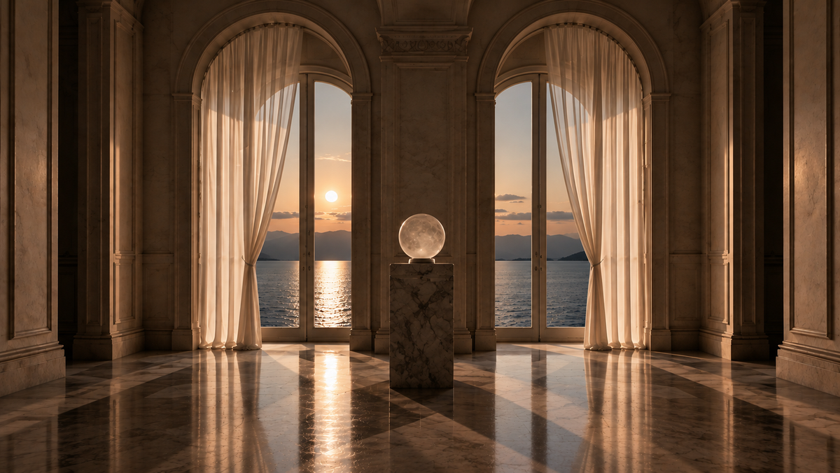 Symmetrical arched interior overlooking the sea, with a glowing Moon sculpture on a central pedestal.
