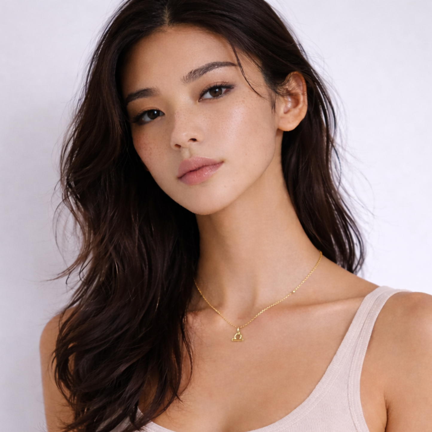 Libra zodiac necklace gold worn on model looking to the side