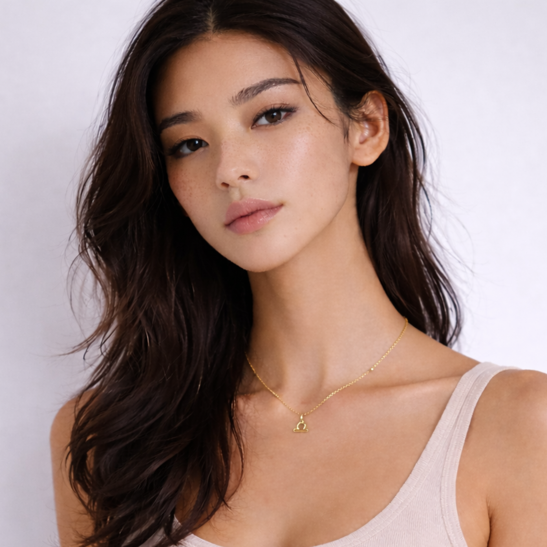 Libra zodiac necklace gold worn on model looking to the side