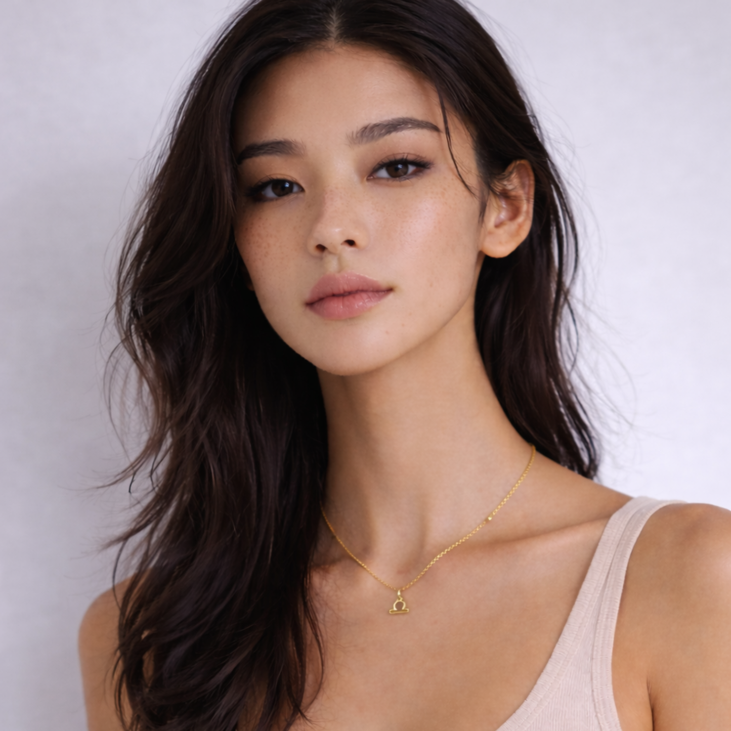 Libra zodiac necklace gold worn on model with beige top