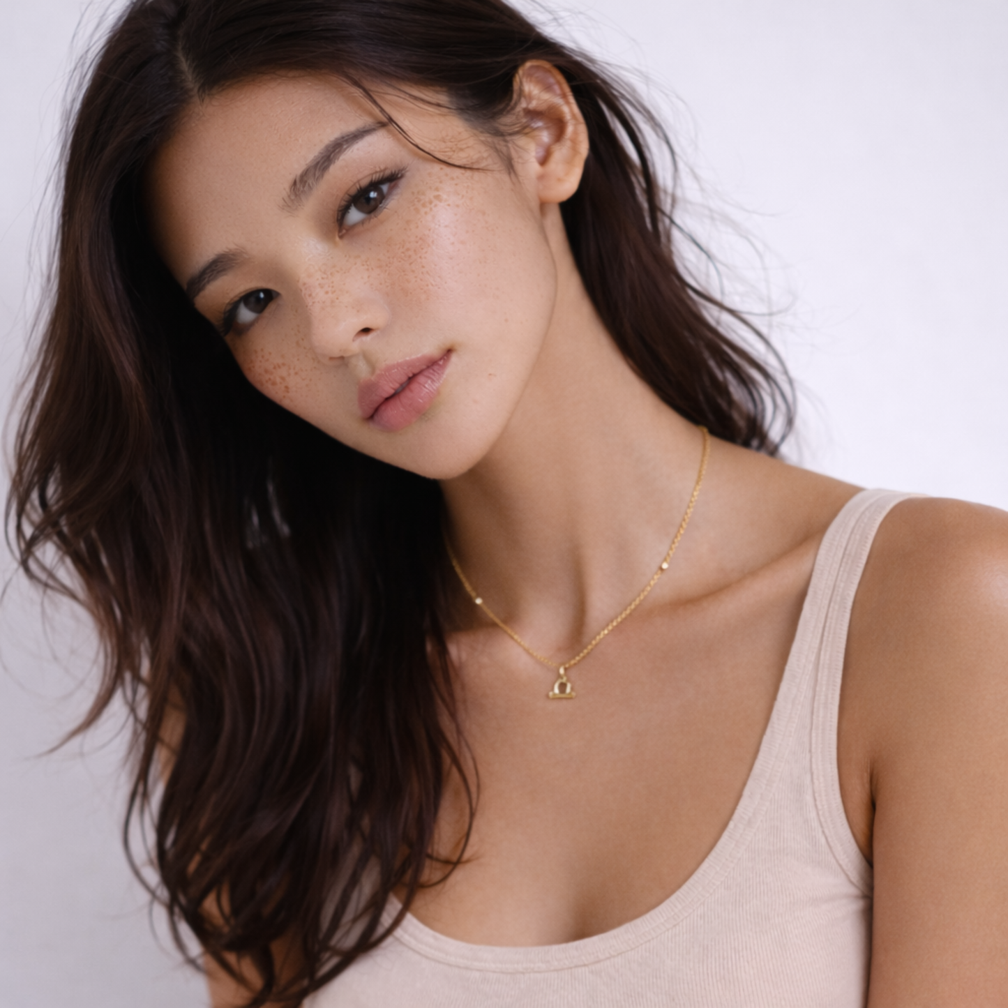 Libra zodiac necklace gold worn on model with freckles and soft lighting