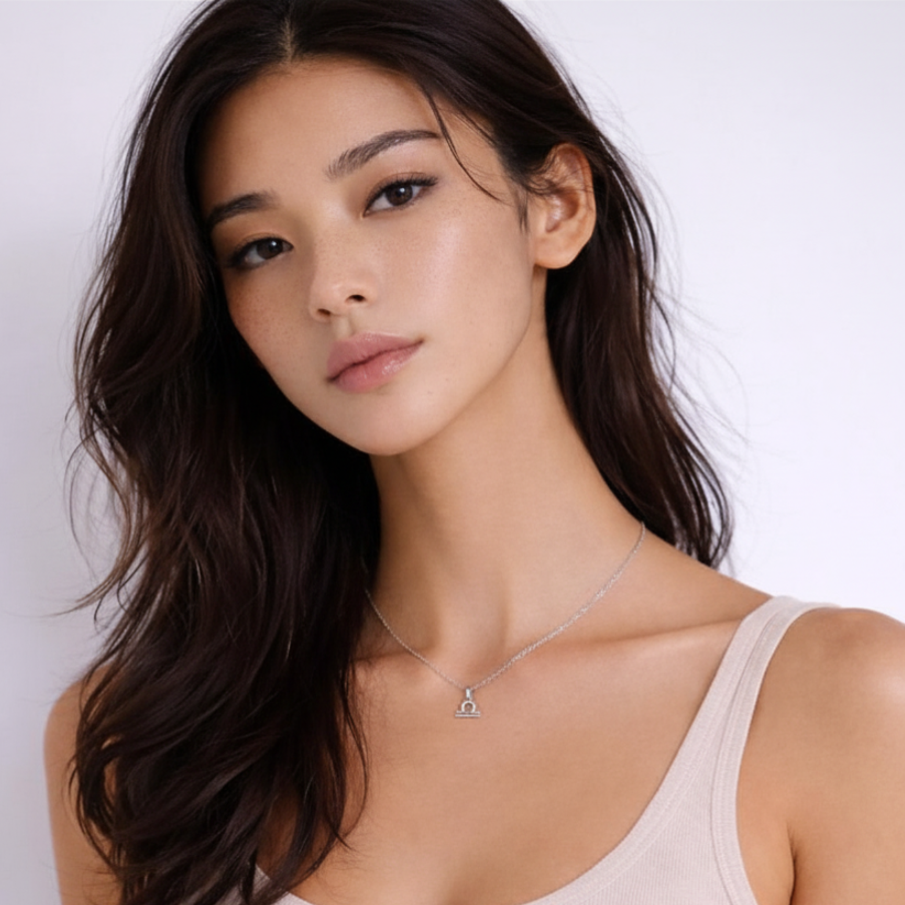 Libra zodiac necklace silver worn on model facing camera