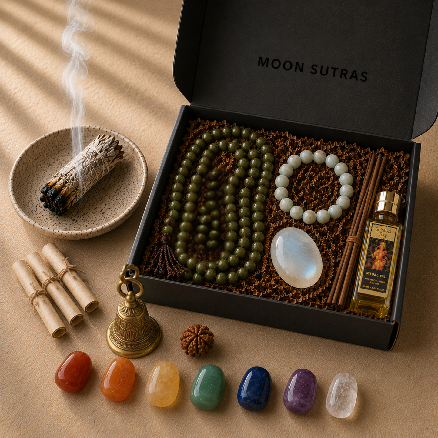 Open Moon Sutras ritual box styled on a beige surface with green mala beads, moonstone palm stone, light blue Shoushan bracelet, ritual oil, burning sage, bell, manifestation scrolls and chakra crystals.