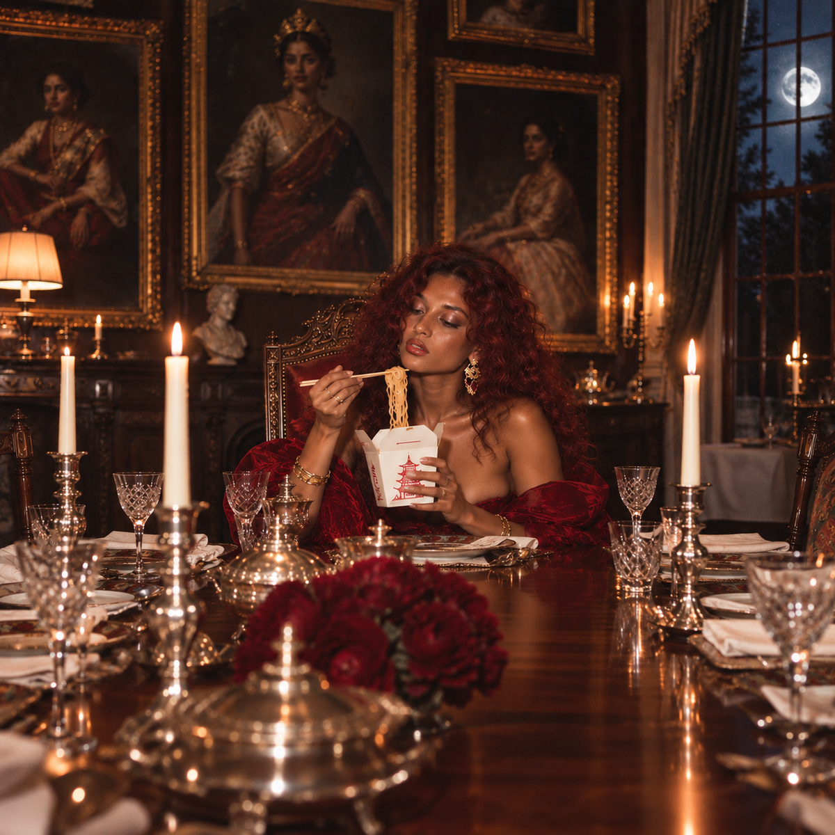 Red-haired woman in an off-the-shoulder red gown eating takeaway noodles at a candlelit banquet table surrounded by ancestral portraits, representing Magha Nakshatra in Vedic astrology.