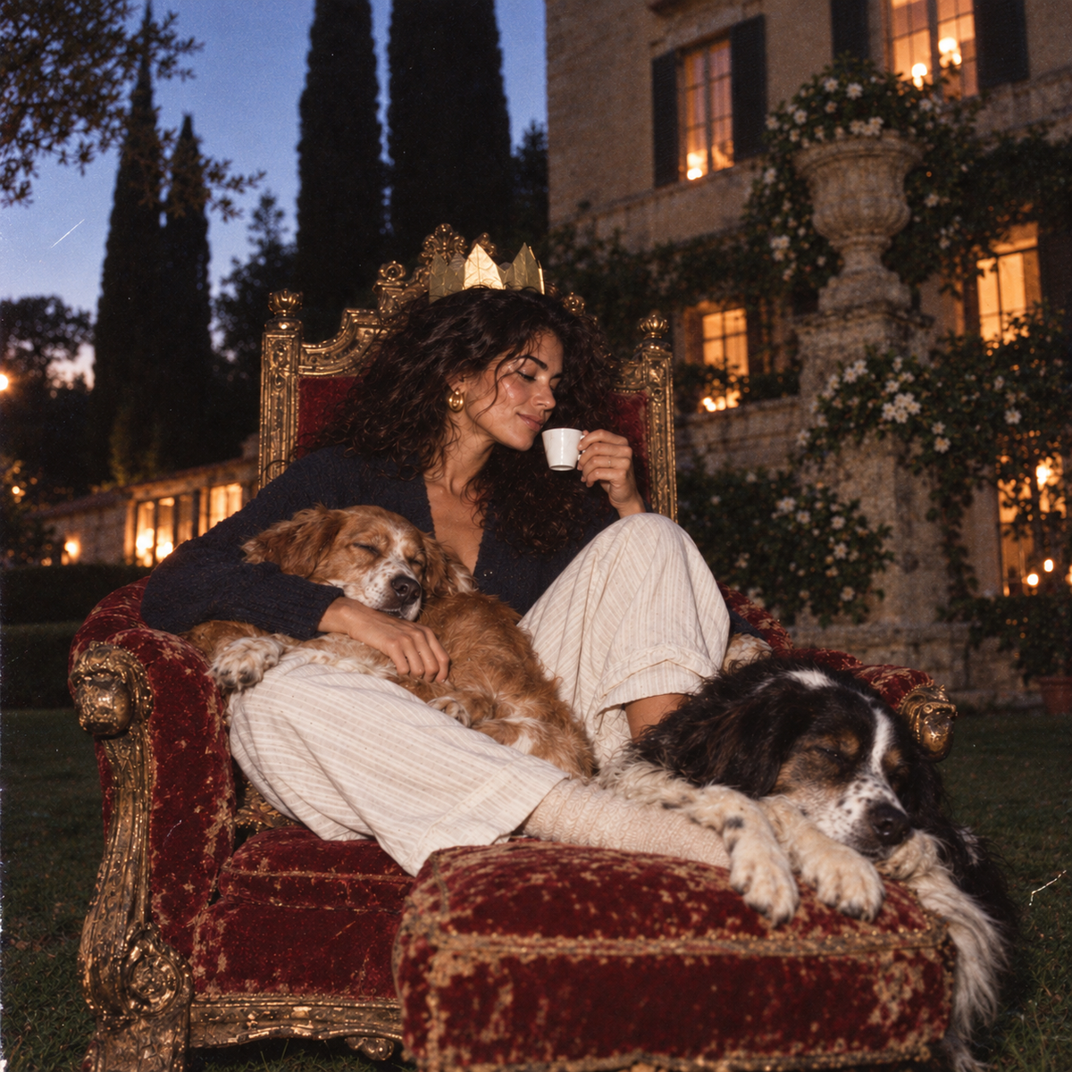 Indian model with curly dark hair and a gold paper crown relaxes on an ornate red velvet armchair, holding an espresso cup beside two sleeping dogs outside a warmly lit Italian villa at dusk, captured in grainy 1990s editorial style.