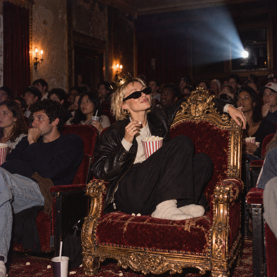Blonde model in sunglasses, a gold crown and black leather jacket lounges on an ornate red velvet throne eating popcorn, surrounded by casually dressed cinema-goers watching a film in a grainy 1990s-style photograph.