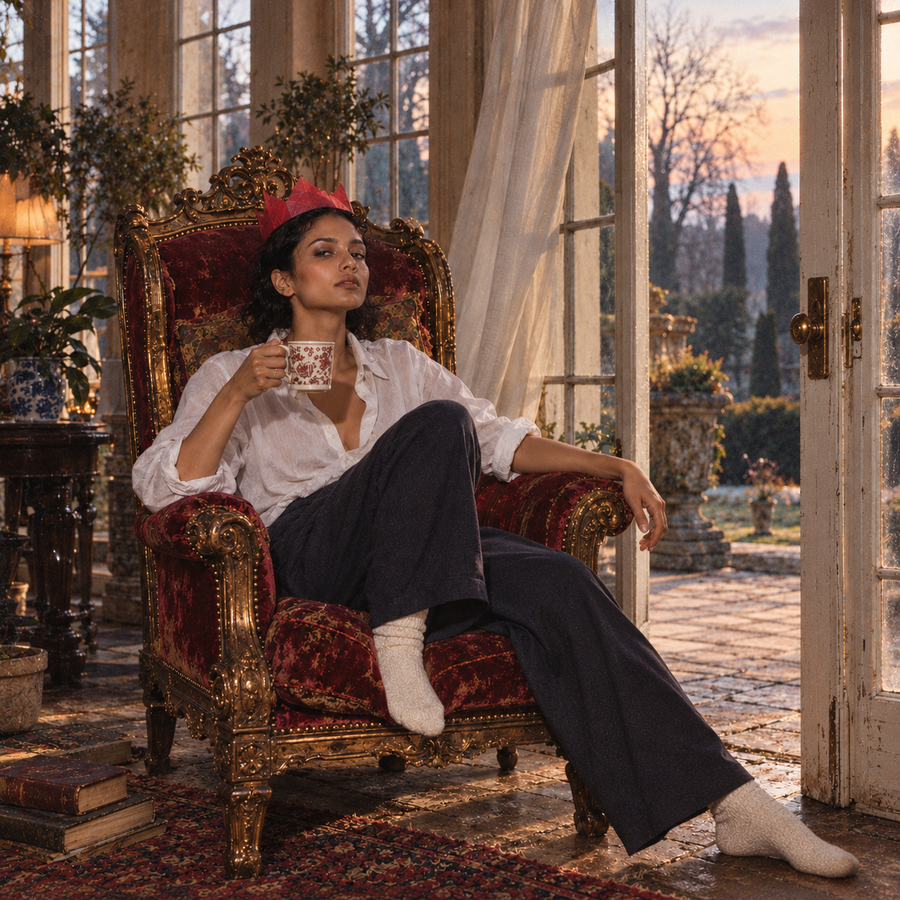 Model wearing a red paper crown, white shirt and dark trousers sips tea from a floral cup while lounging on an ornate red velvet throne beside open French doors at sunset, in a grainy 1990s editorial photograph.