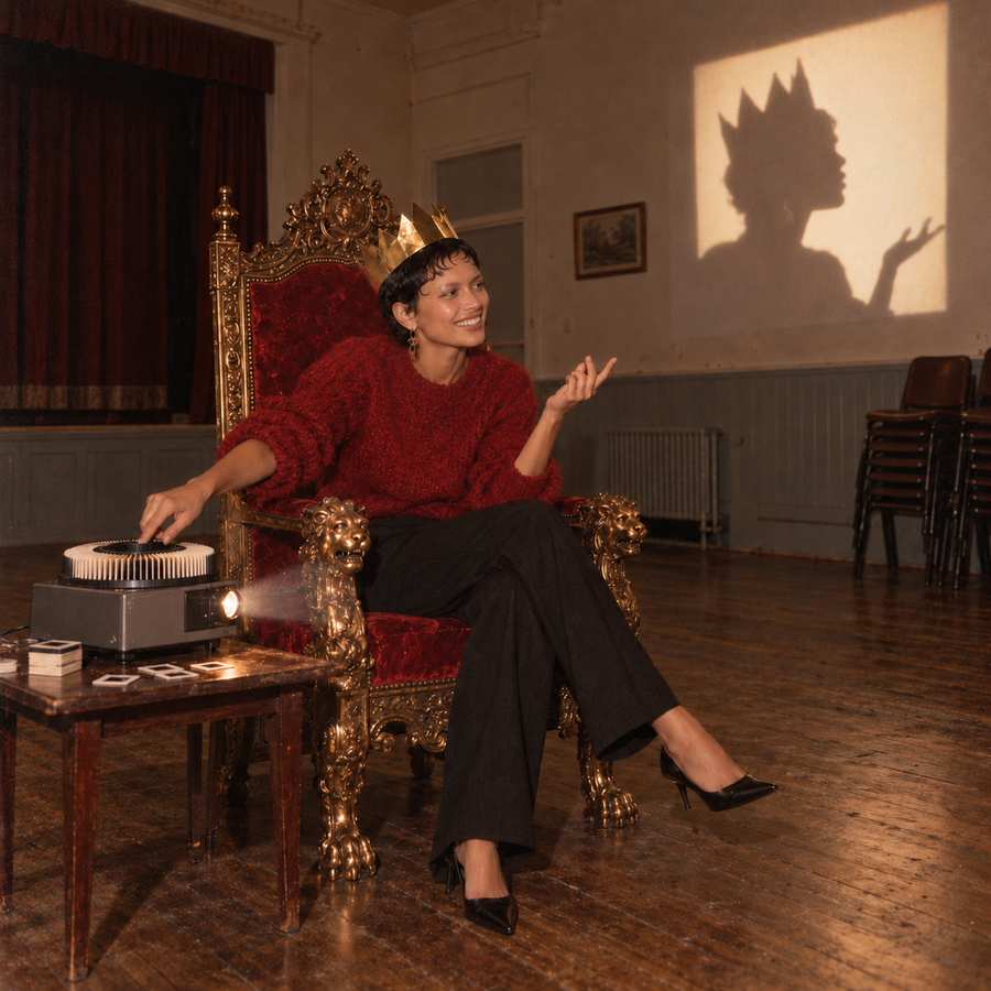 Model wearing a gold crown and red jumper sits on an ornate velvet throne, operating a vintage slide projector that casts her crowned silhouette onto the wall.