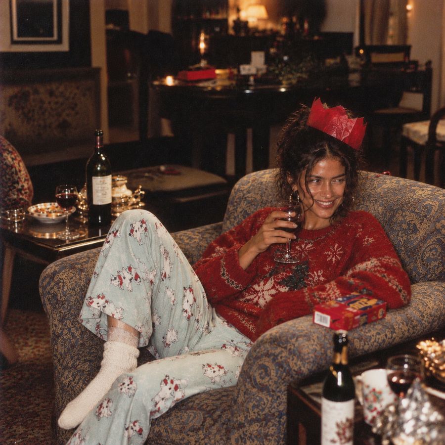 Smiling Indian model in a red Christmas jumper, printed pyjamas and paper crown lounges in a patterned armchair holding a glass of wine, surrounded by festive party leftovers in a grainy 1990s-style photograph.