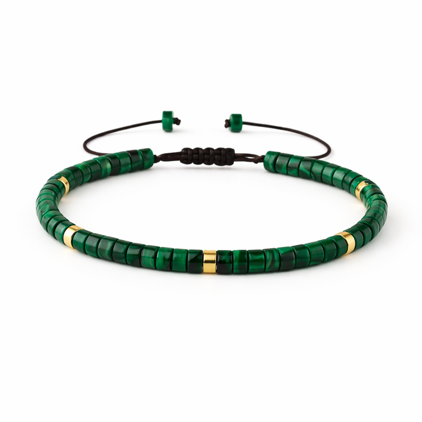 Malachite crystal bracelet with polished green gemstone beads on white background