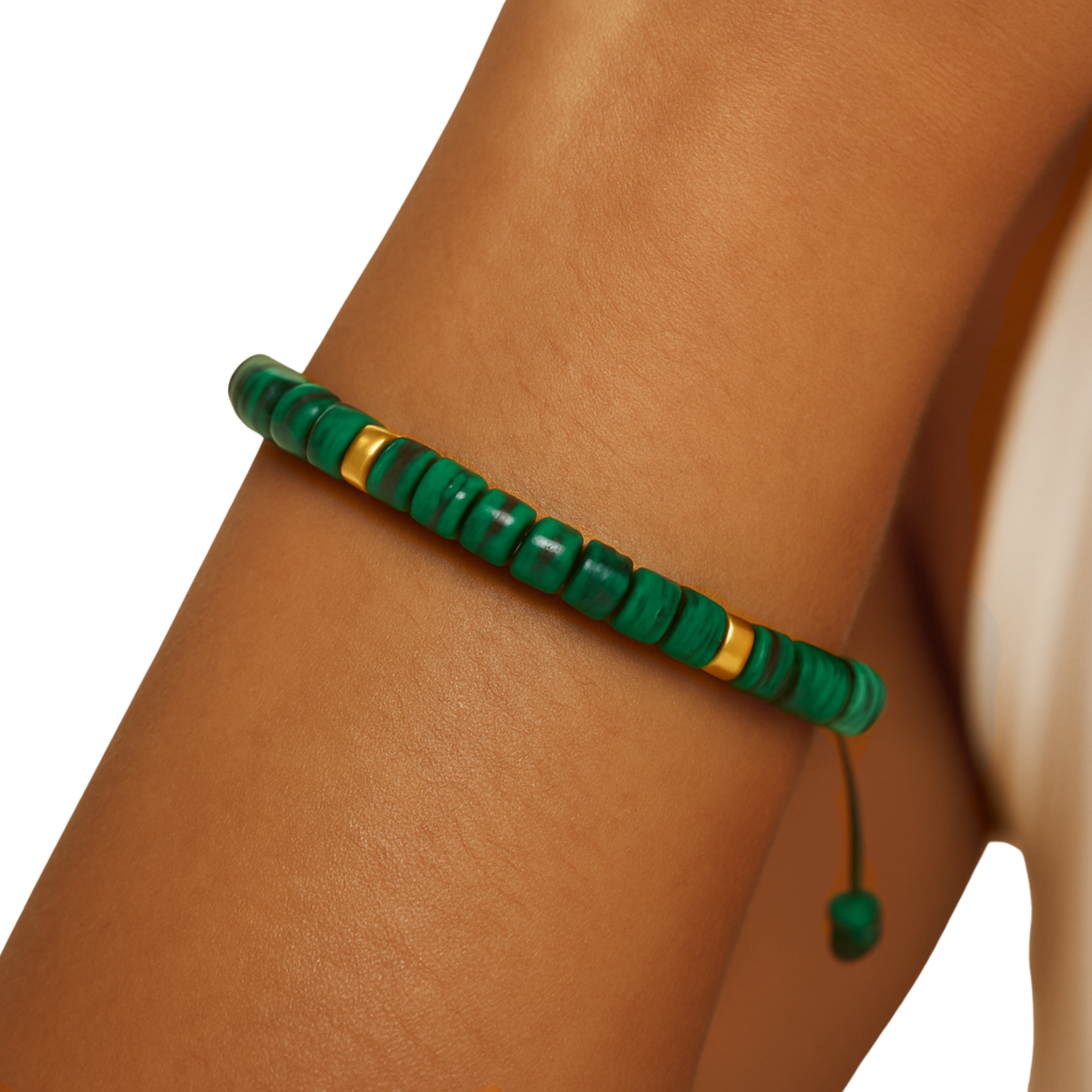 Malachite gemstone bracelet close up on wrist