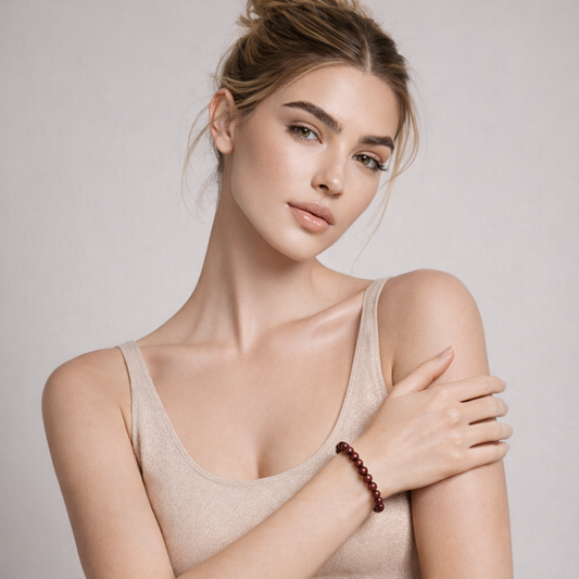 Model wearing cinnabar crystal bead bracelet with deep red polished stones