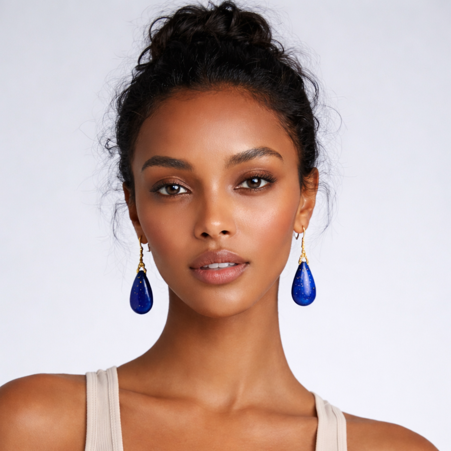 Model wearing lapis lazuli earrings