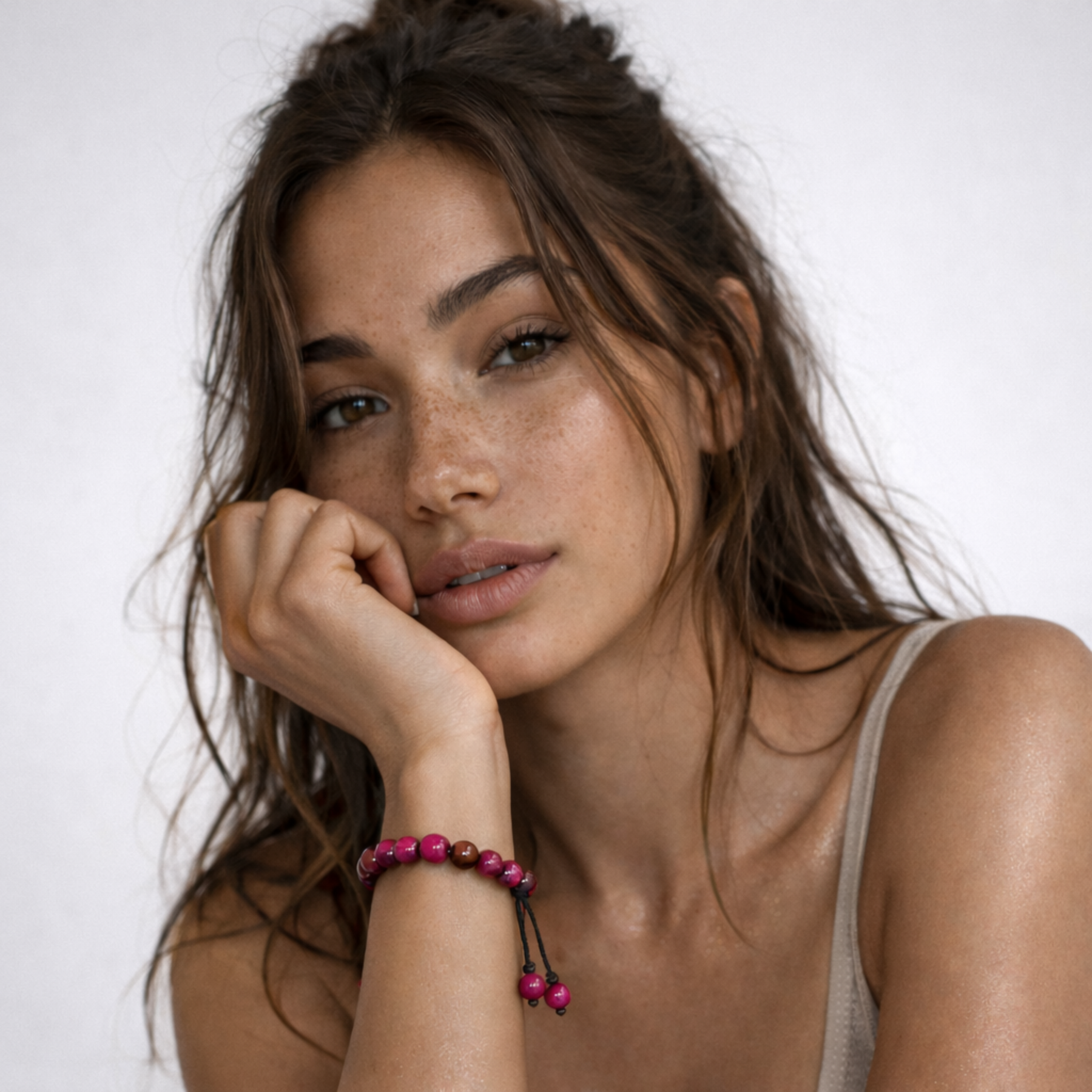 Model wearing pink tiger’s eye crystal bead bracelet