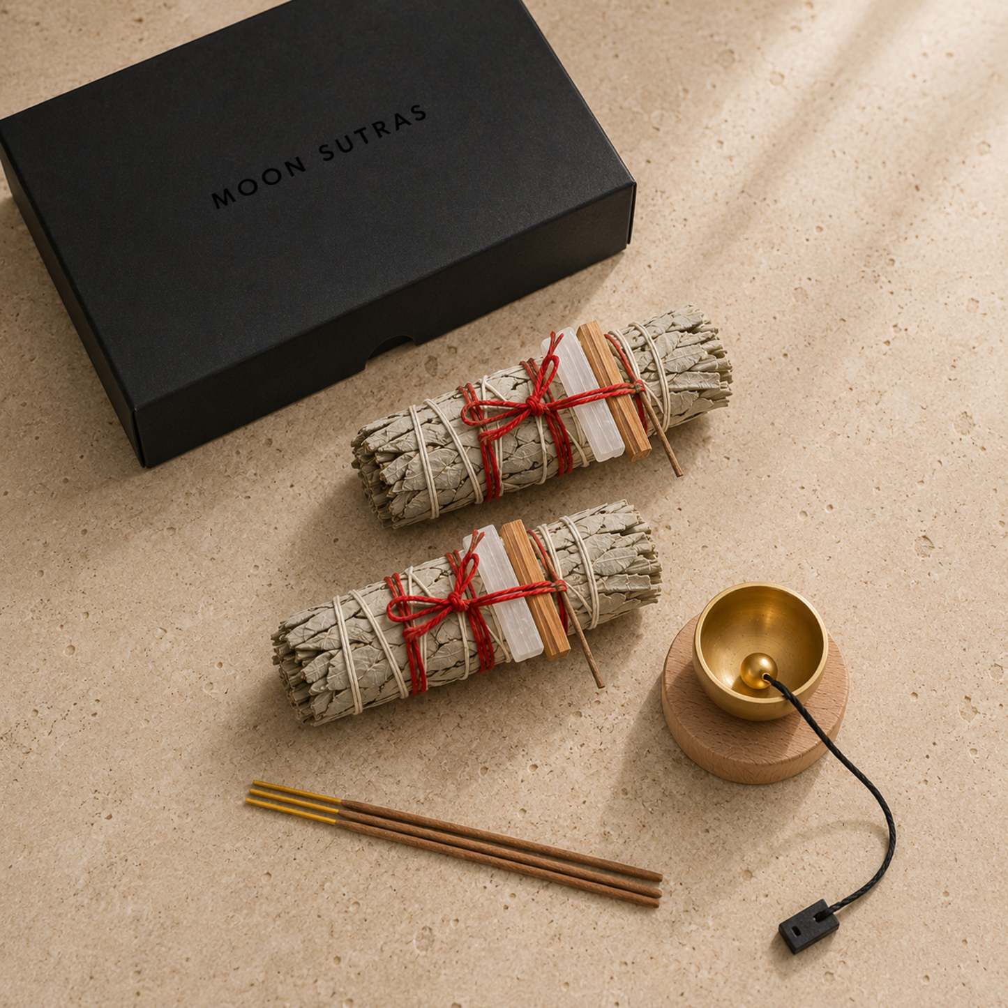 Moon Sutras cleansing ritual set arranged on a beige stone surface with two sage bundles, brass singing bowl and incense sticks.