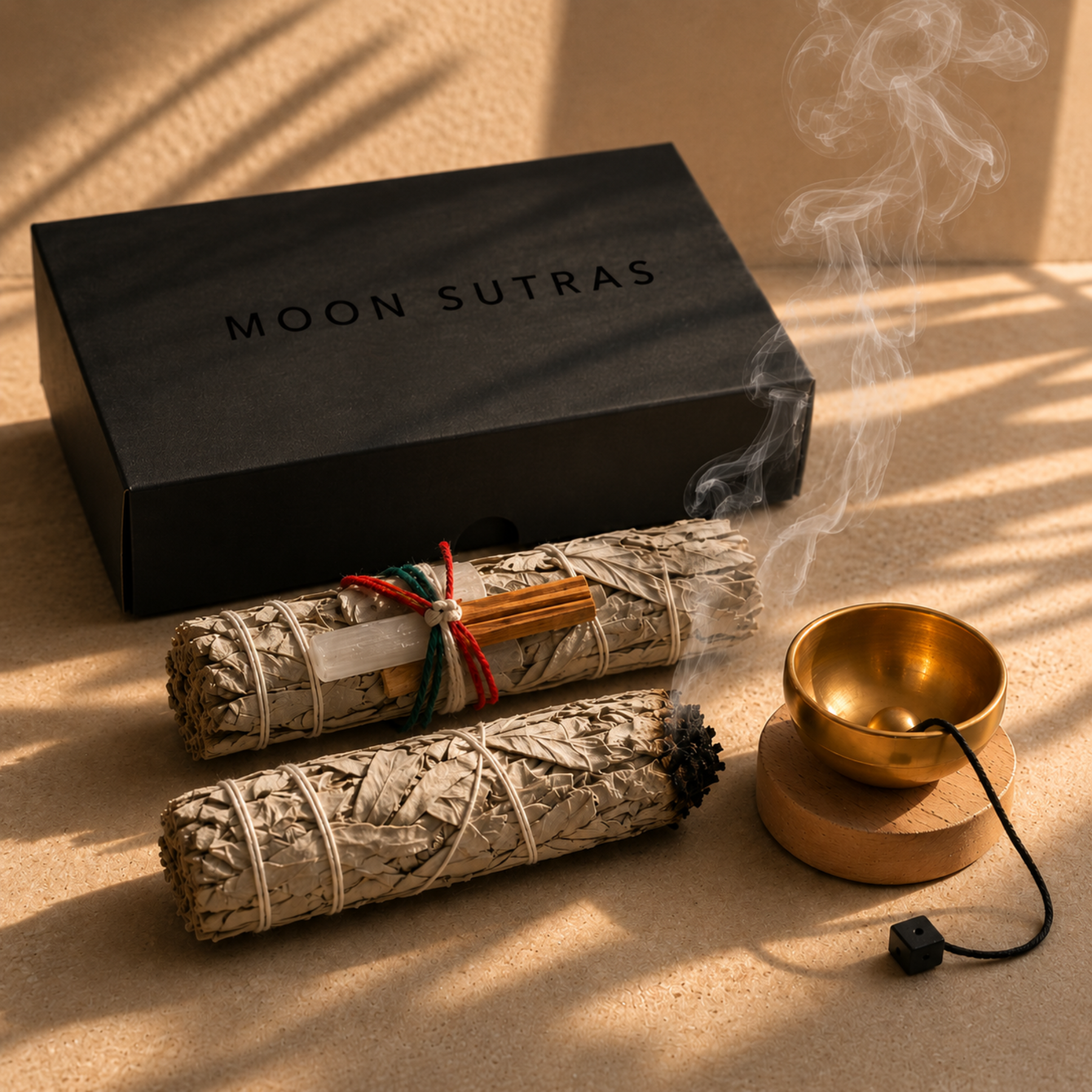 Moon Sutras cleansing ritual set with black gift box, smoking sage bundle and brass singing bowl on a warm beige stone surface.
