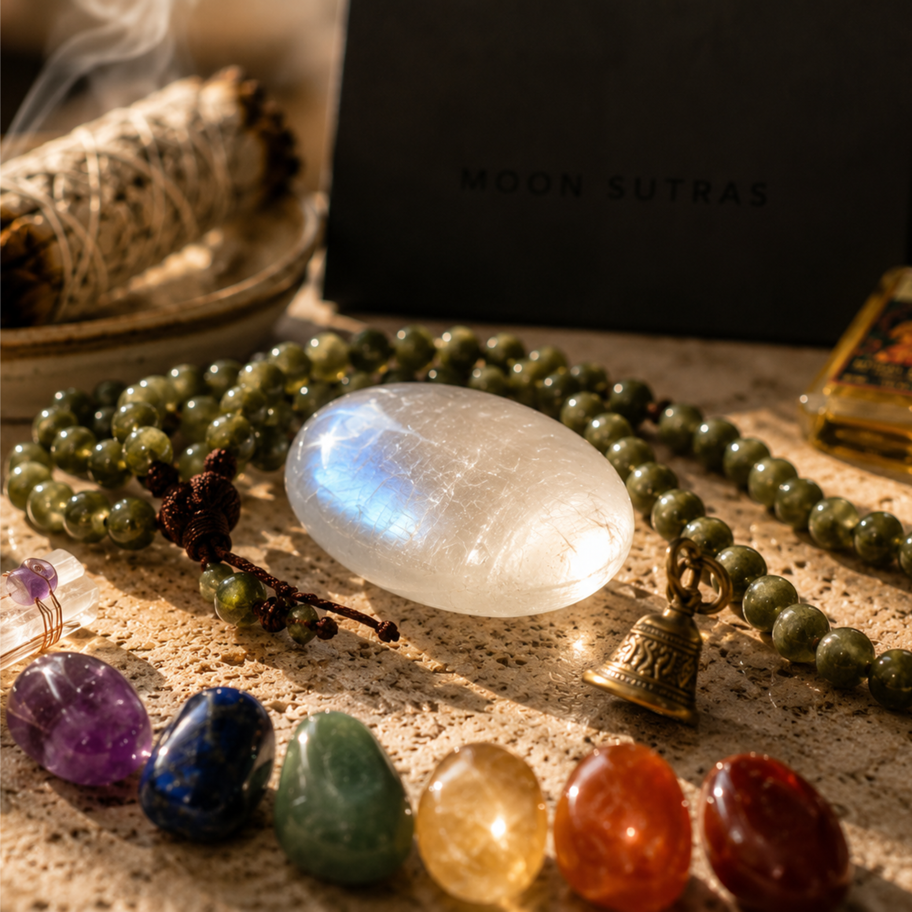 Moonstone palm stone surrounded by green mala beads, chakra crystal wand, ritual oil, brass bell and polished chakra stones in warm natural sunlight with Moon Sutras branding in the background.