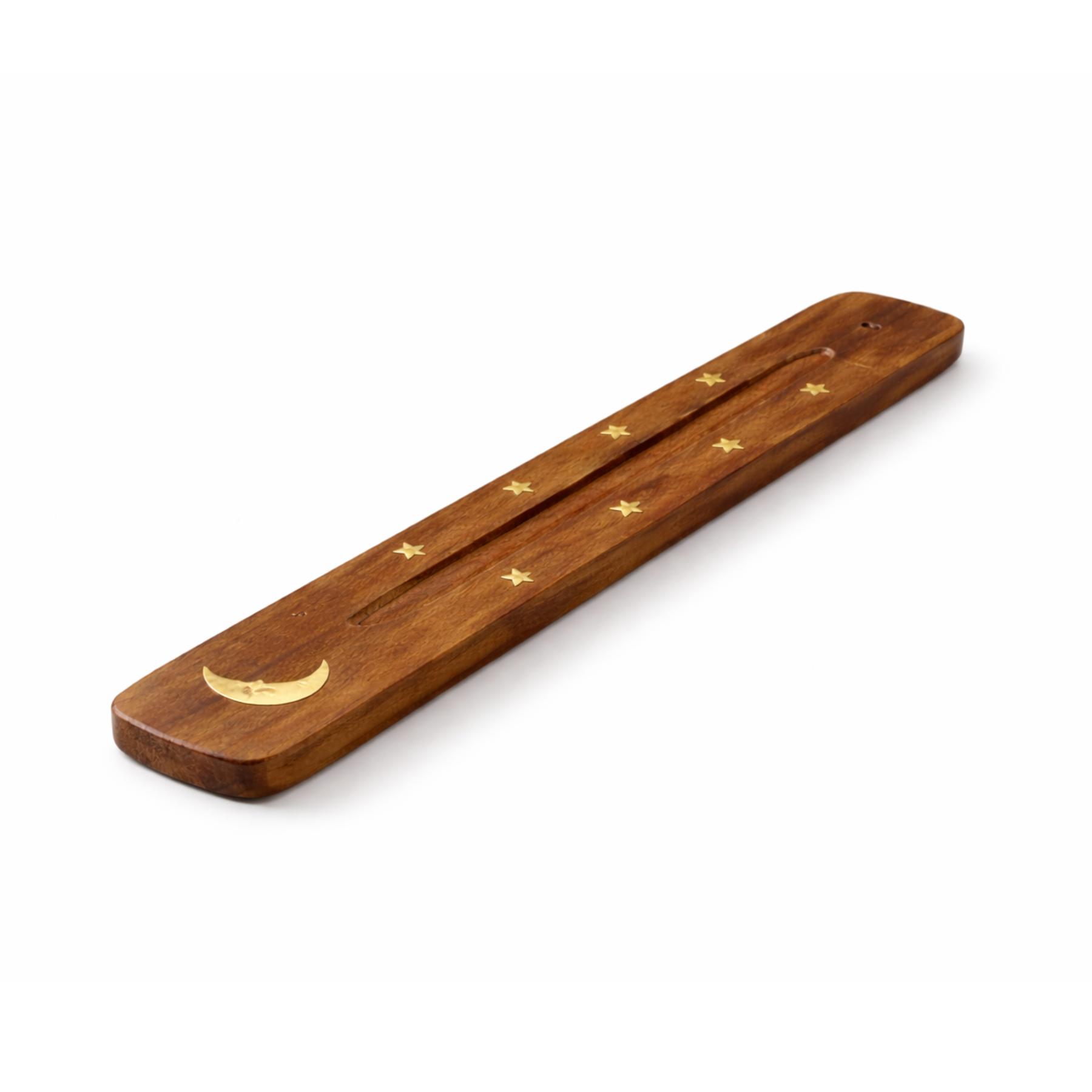 Moon incense burner natural elm wood angled view white background