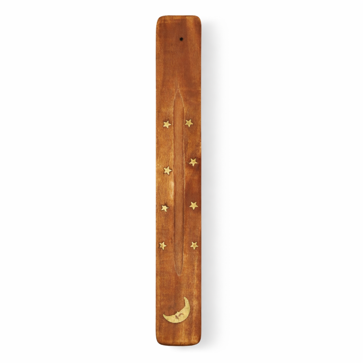 Moon incense holder natural elm wood with brass crescent by Moon Sutras