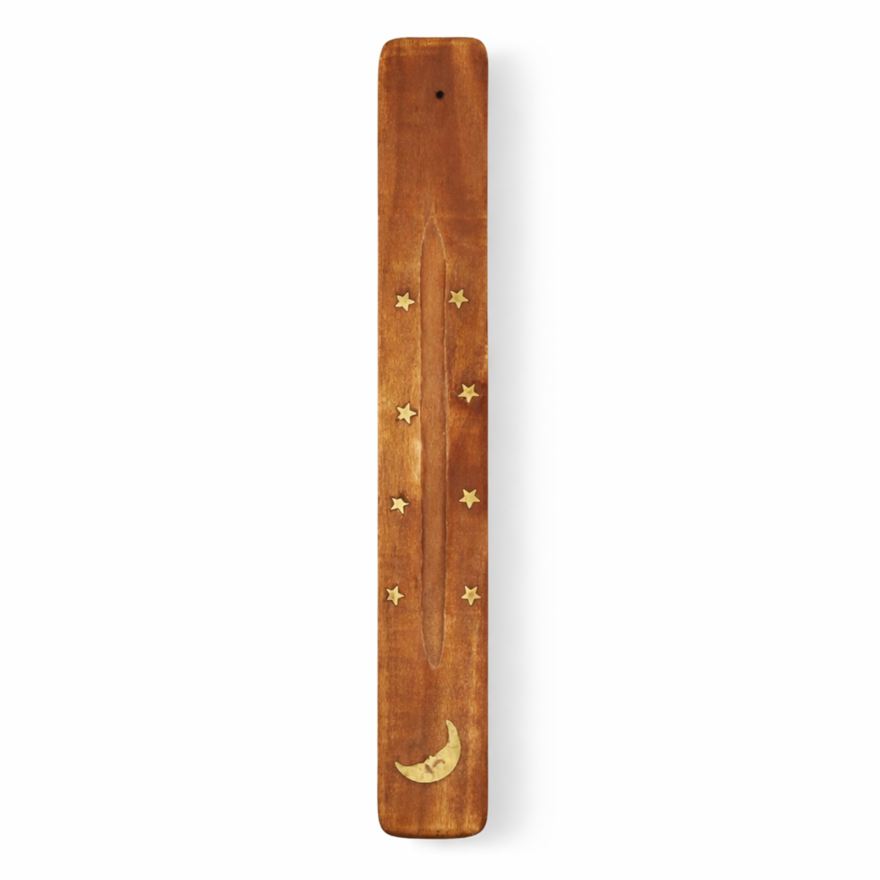 Moon incense holder natural elm wood with brass crescent by Moon Sutras