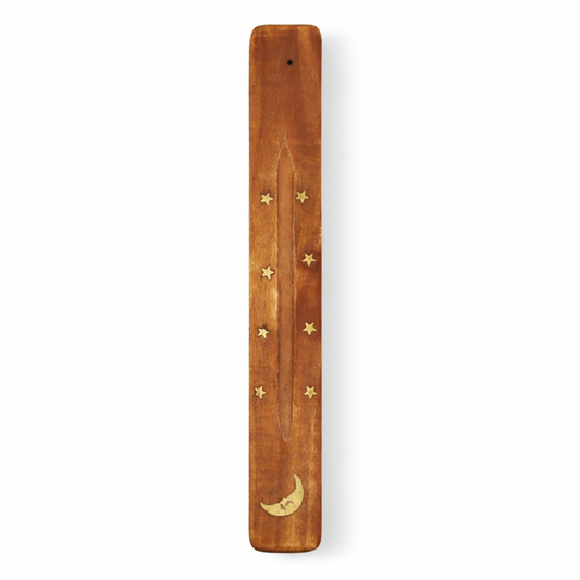 Moon incense holder natural elm wood with brass crescent by Moon Sutras
