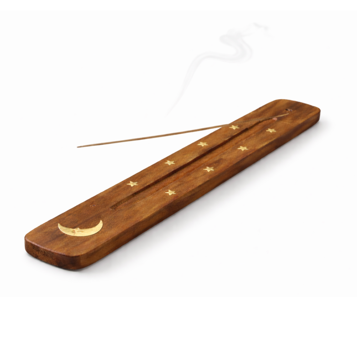 Moon incense holder natural wood close up showing grain and brass crescent detail