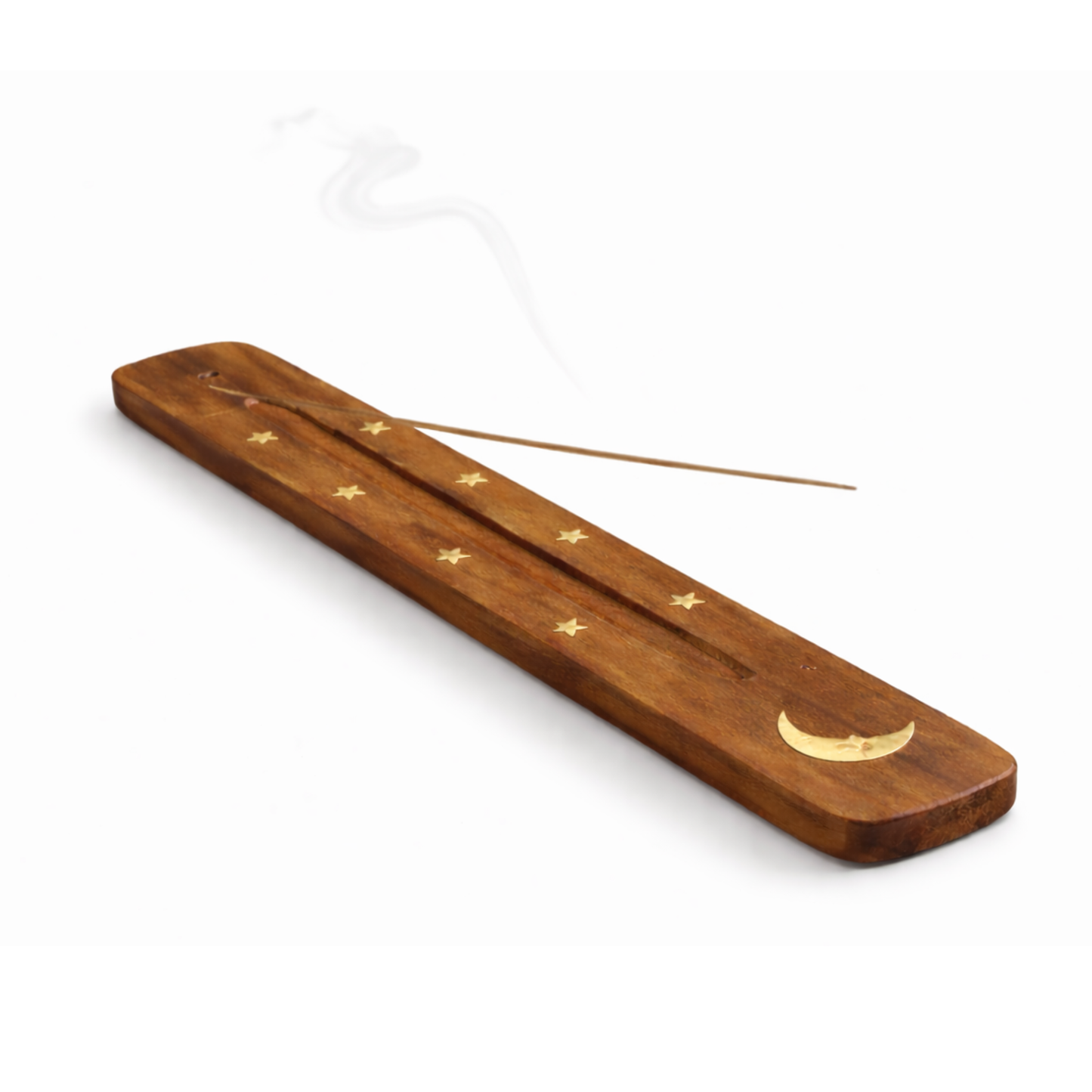 Moon incense holder top view with incense stick and smoke natural elm wood