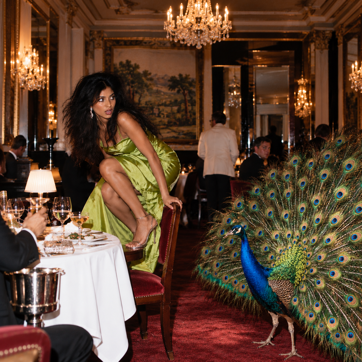 Indian woman in a lime-green satin dress reacts from a restaurant chair as a peacock displays its full feathers beside her.