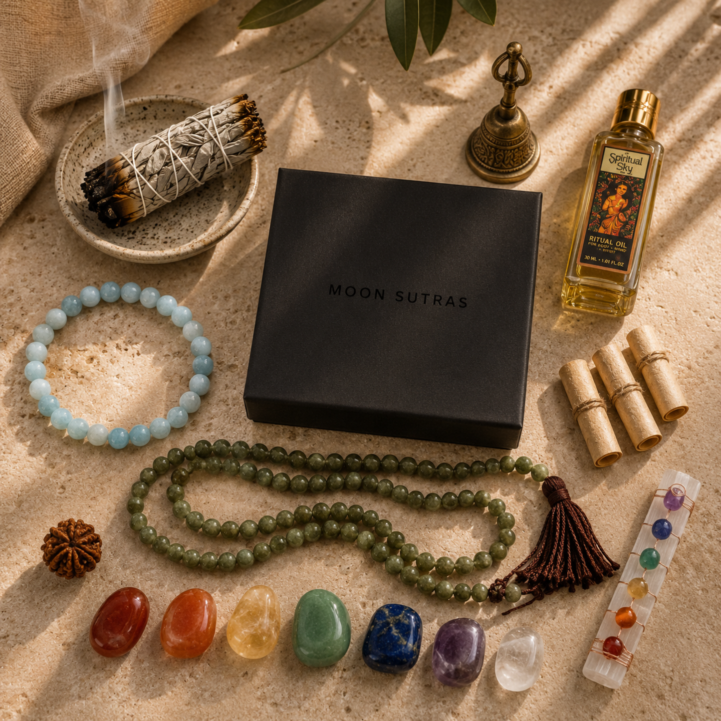 Flat lay of Moon Sutras ritual collection featuring green mala beads, light blue Shoushan bracelet, ritual oil, burning sage, rudraksha seed, manifestation scrolls, chakra crystal wand and seven tumbled chakra stones on a beige stone background.