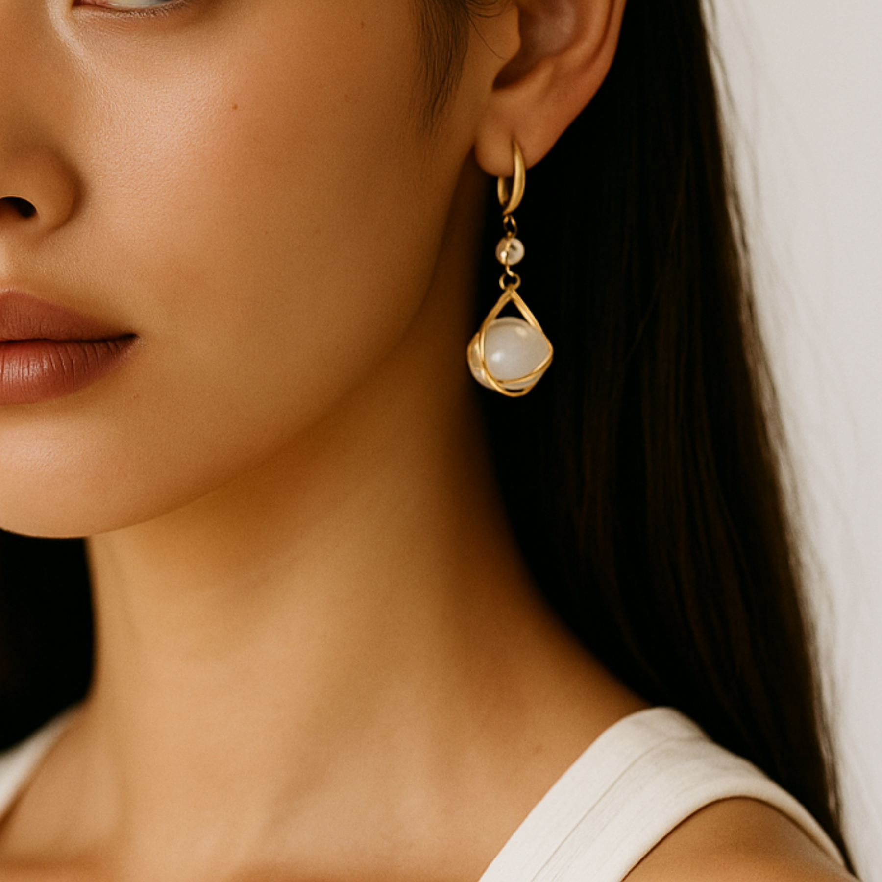 Moonstone earrings close up on ear