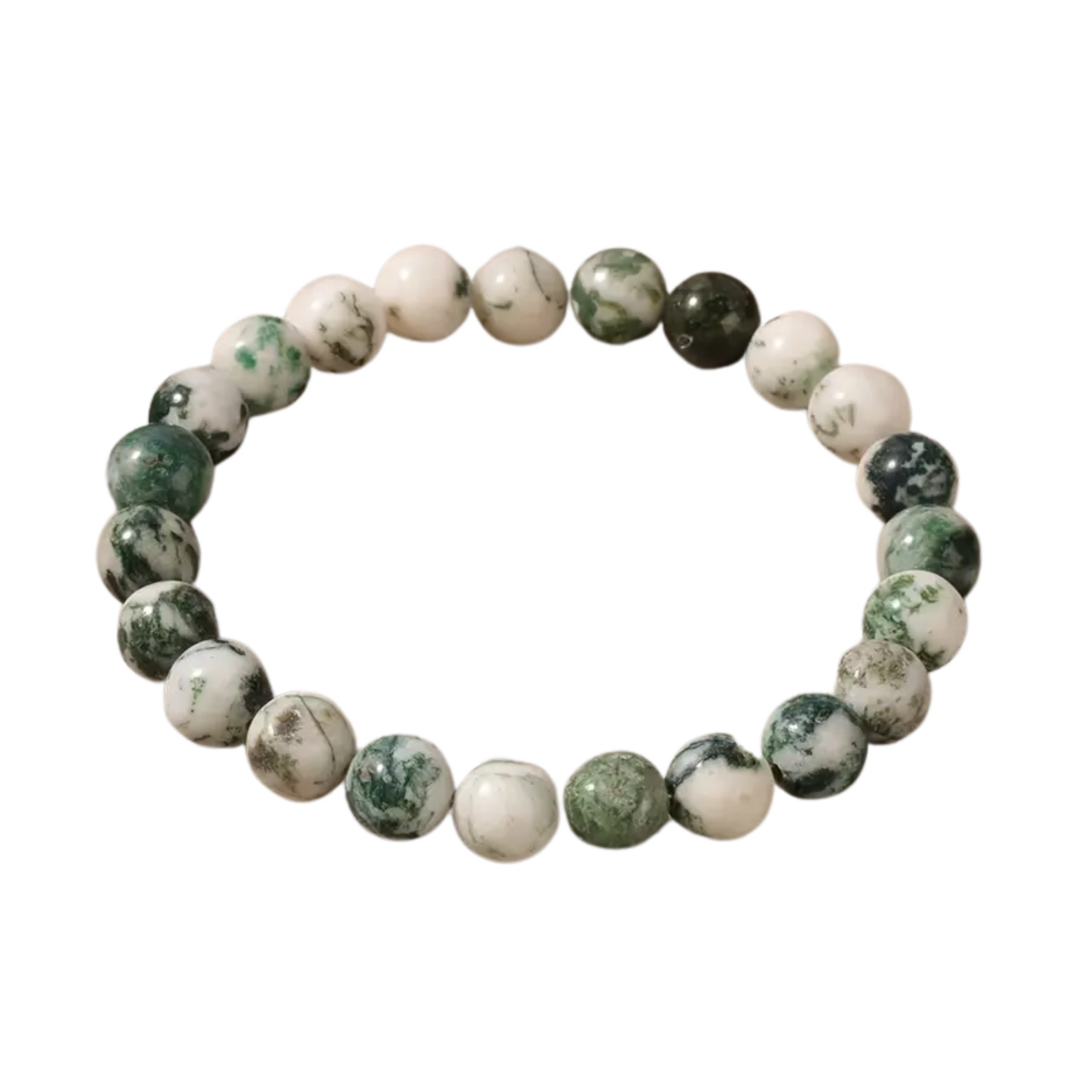 Moss agate crystal bracelet with natural green moss pattern beads on white background