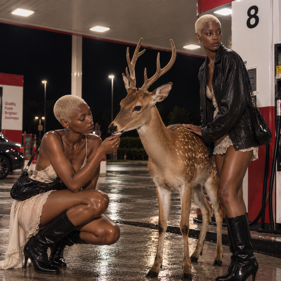 Two women with short blonde hair wearing lace dresses, black leather jackets and boots beside a spotted stag at a rain-soaked petrol station at night.