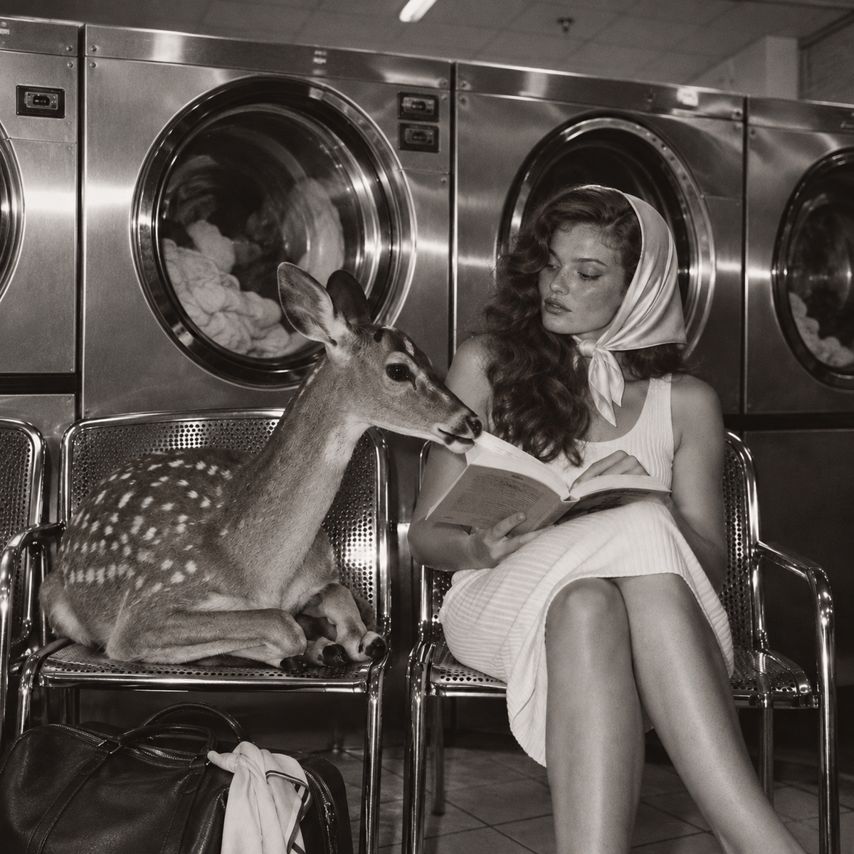 Woman in a white dress and headscarf reading a book beside a spotted deer resting on a metal chair in a black-and-white vintage laundrette photograph.