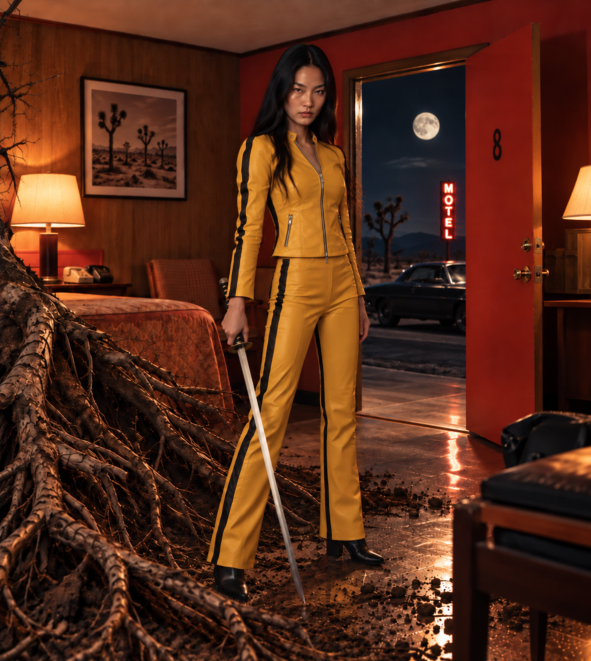 Woman in a mustard-yellow suit holding a sword inside a dimly lit motel room, surrounded by exposed tree roots breaking through the floor, representing Mula Nakshatra in Vedic astrology.