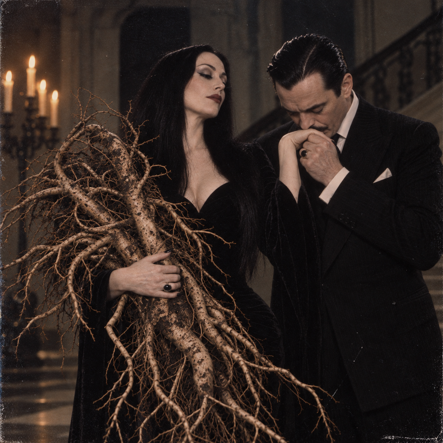 Gothic-inspired couple at an elegant evening party, with a dark-haired woman holding tangled tree roots as a man in a black suit kisses her hand, surrounded by softly blurred guests.