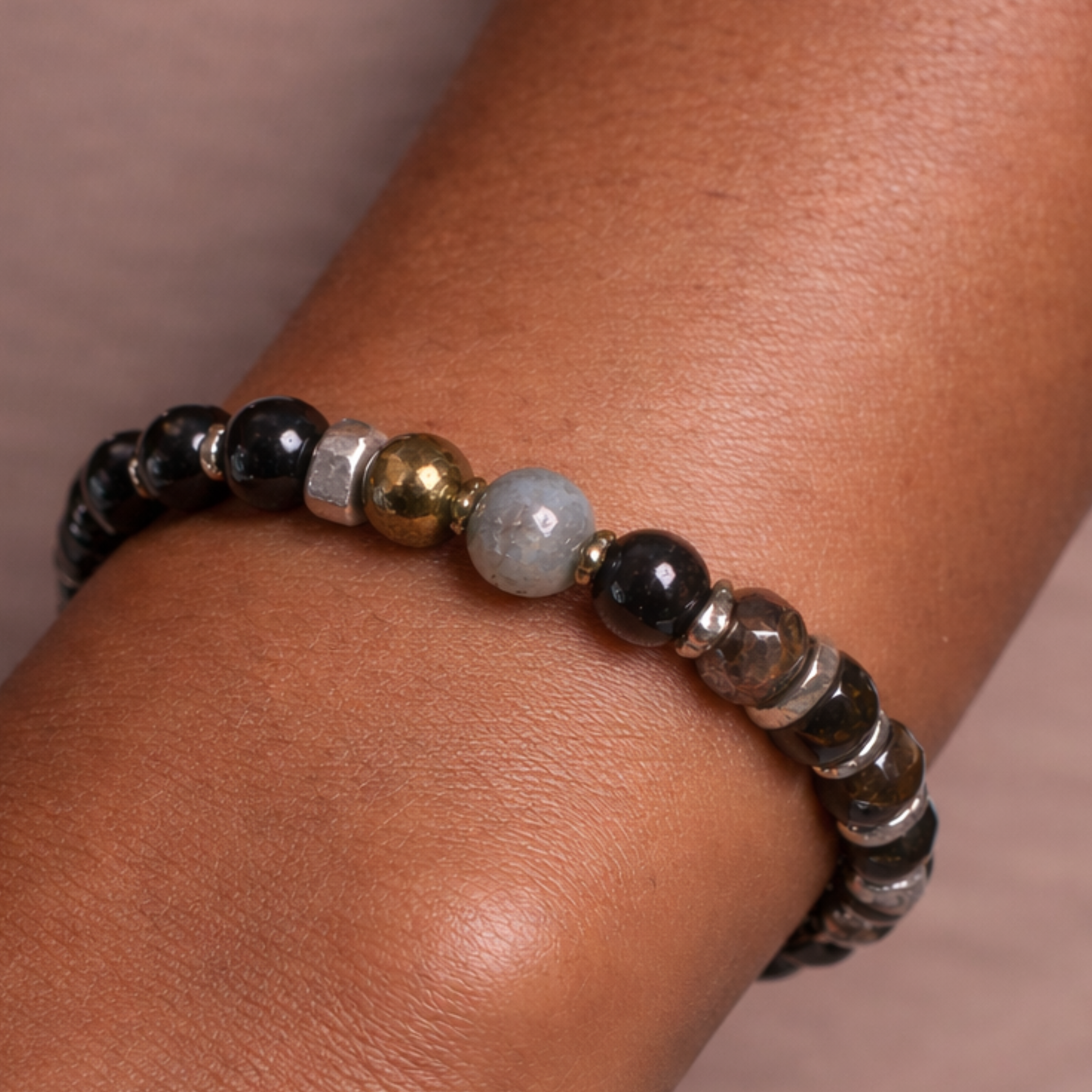 Natural protection crystal bracelet with labradorite, pyrite, obsidian and smoky quartz beads