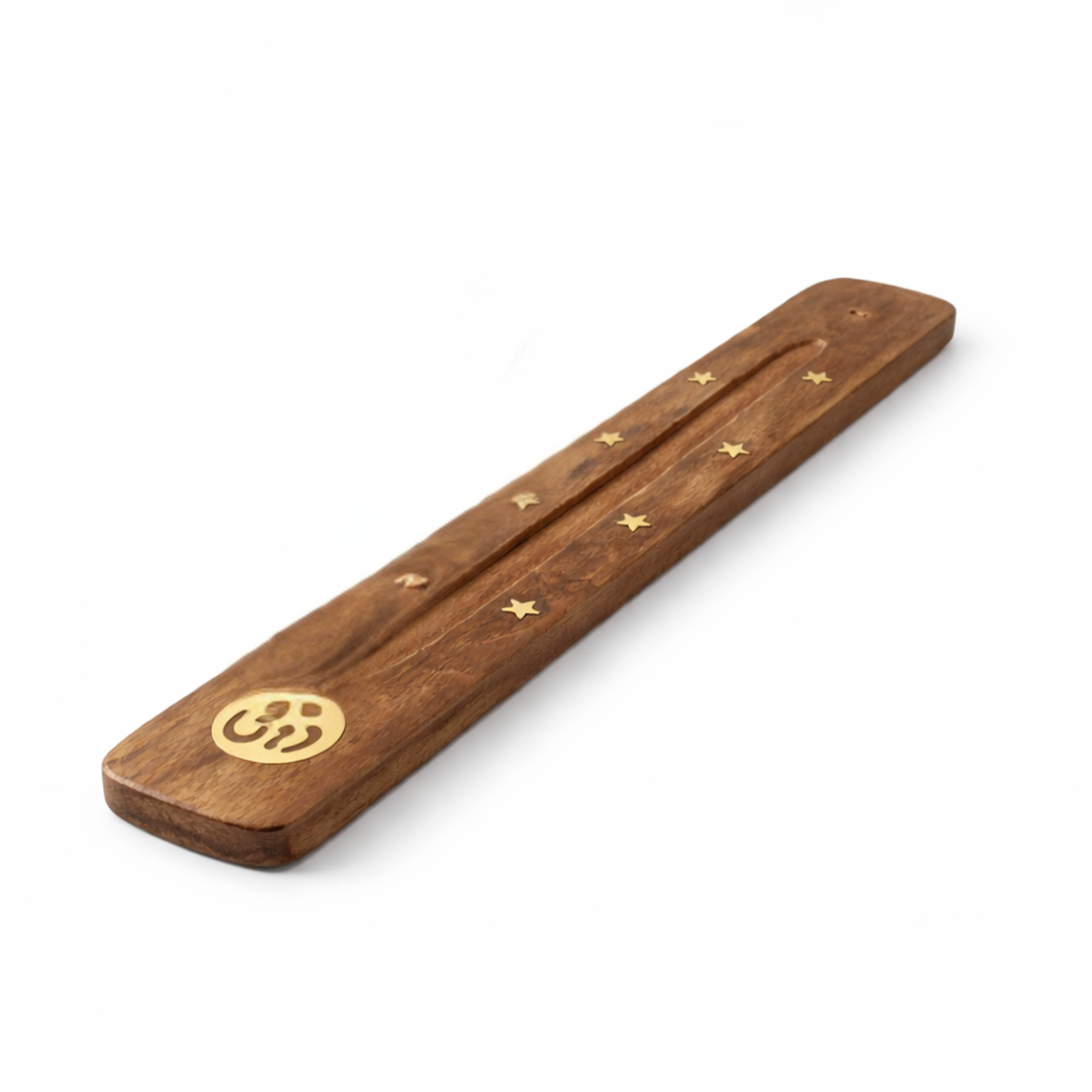 Om incense burner natural elm wood angled view on white background