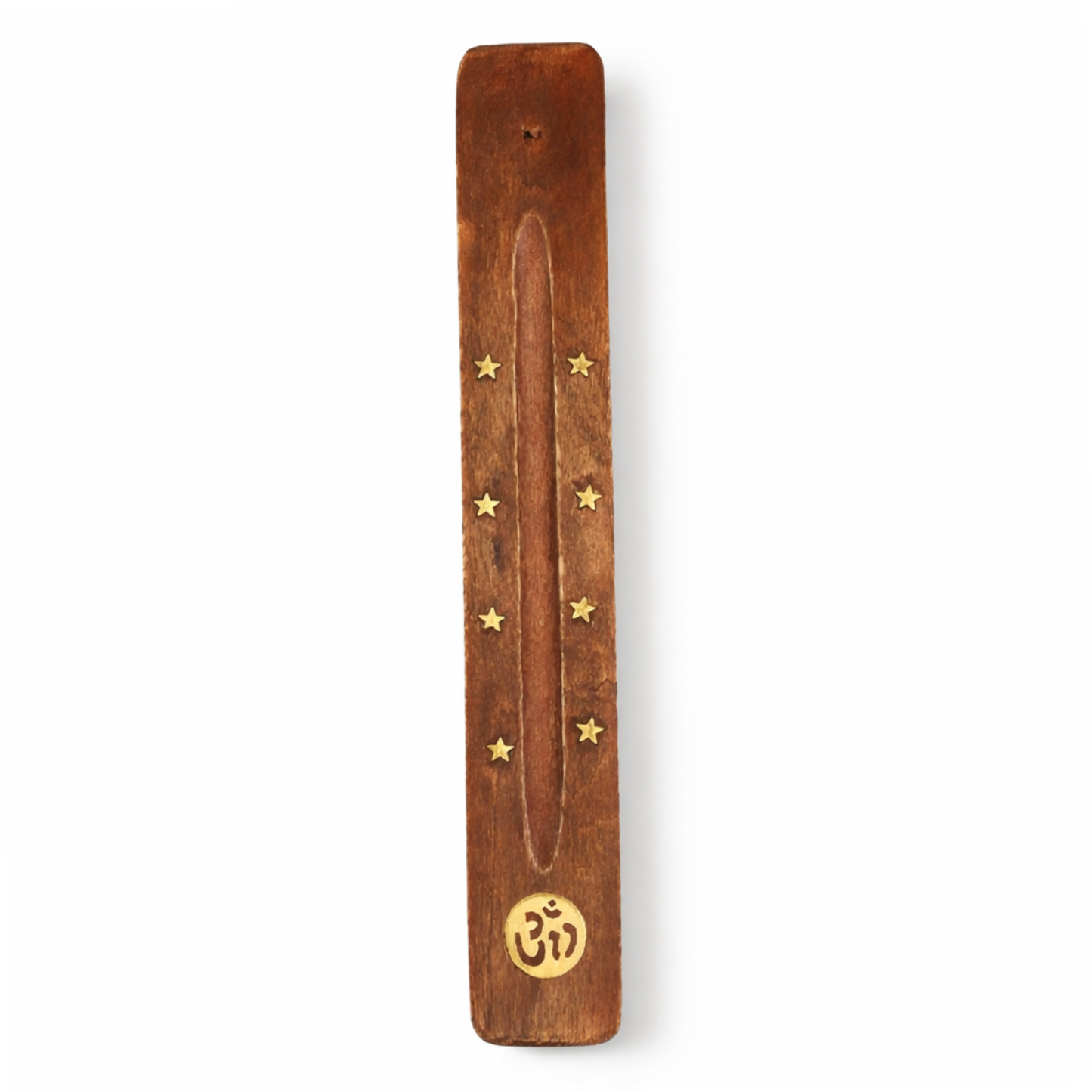 Om incense burner natural elm wood with brass stars and symbol by Moon Sutras