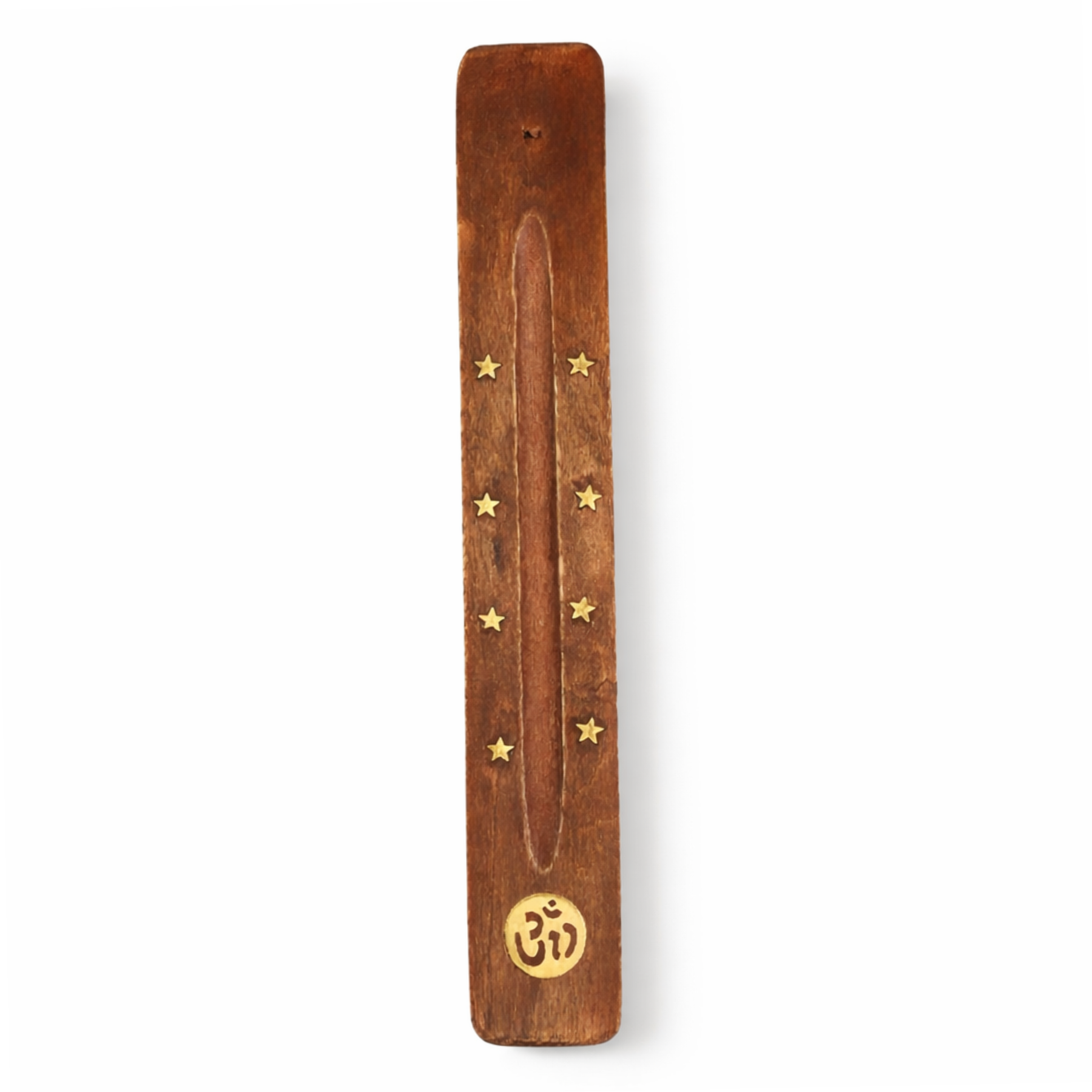 Om incense burner natural elm wood with brass stars and symbol by Moon Sutras
