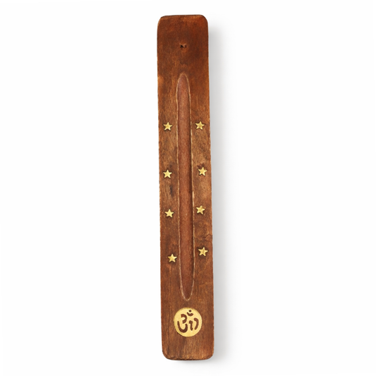 Om incense burner natural elm wood with brass stars and symbol by Moon Sutras