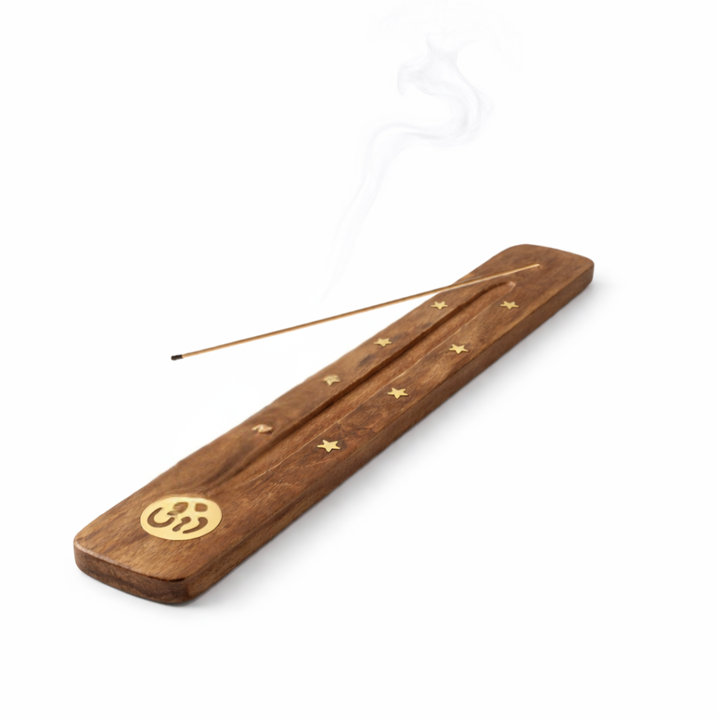 Om incense burner natural elm wood with incense stick on white background