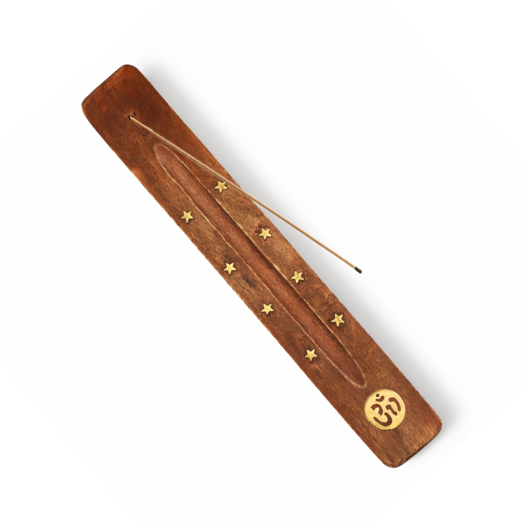 Om incense holder elm wood top view with incense stick
