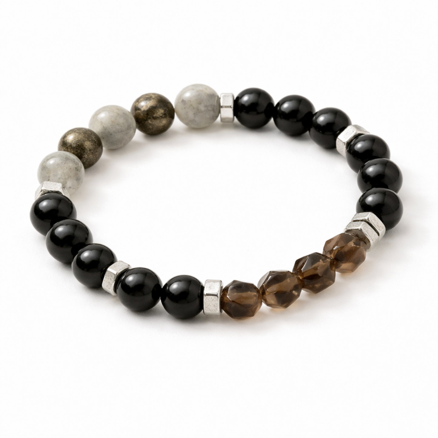 Protection crystal bead bracelet with labradorite, pyrite, black obsidian and smoky quartz gemstones