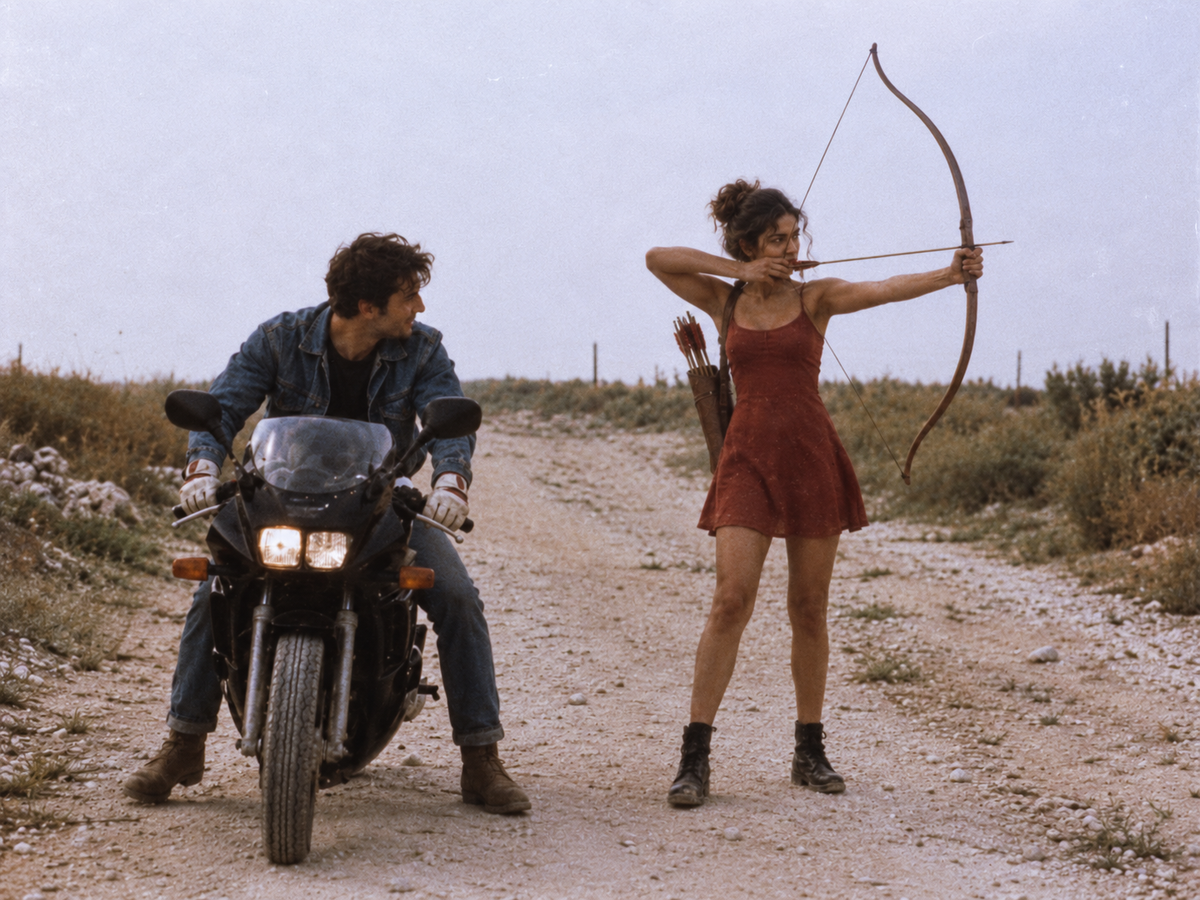 Brown-skinned Indian model with dark hair in a messy updo and a red mini dress aims a bow and arrow directly at the camera, while a man in denim watches from a black motorcycle on a dusty road, captured in grainy 1990s film style.