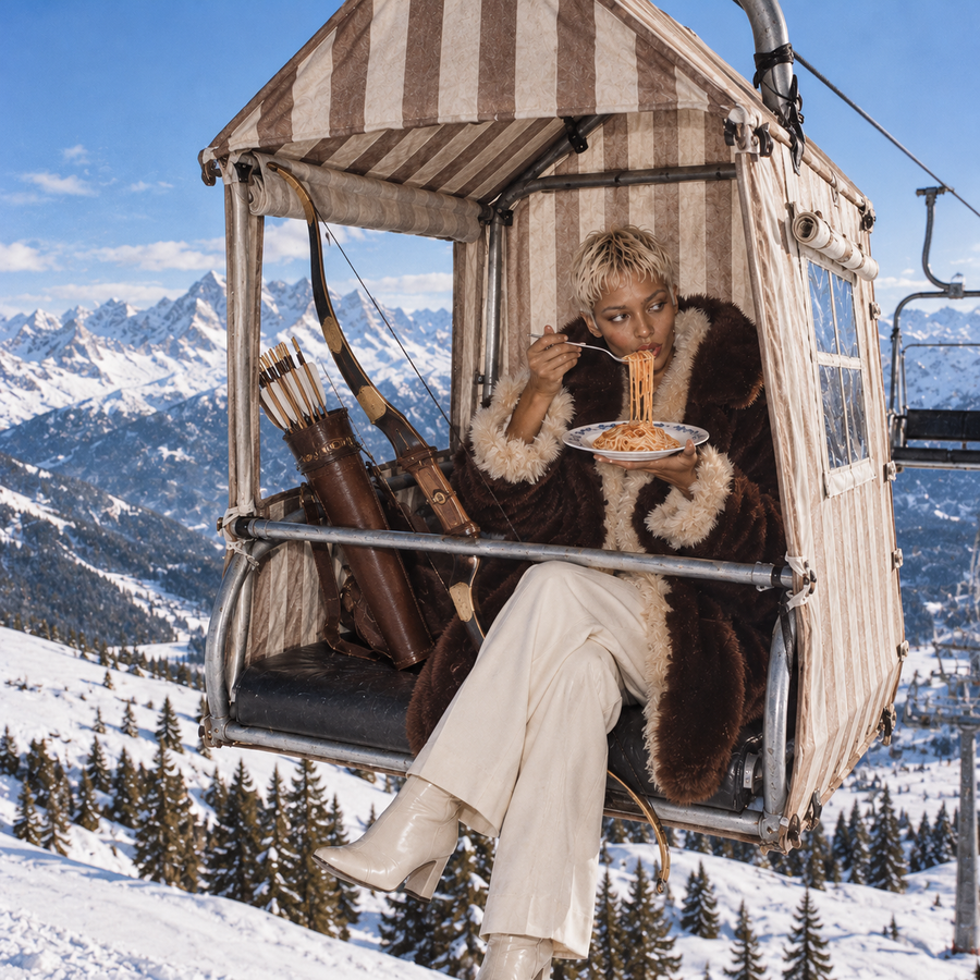 Short-haired blonde woman in a fur-trimmed coat eating spaghetti inside a vintage ski lift, with a prominent wooden bow and leather quiver of arrows beside her overlooking the snowy Alps.