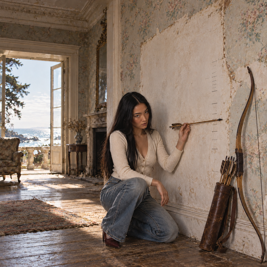 Dark-haired Asian woman kneels beside a weathered wall, looking directly at the camera while holding an arrow against tally marks, with a bow and quiver beside her and the sea visible through open doors.