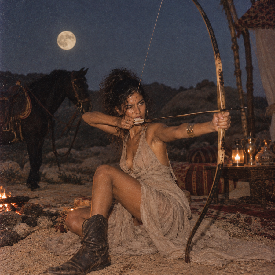 Indian model with dark hair in a messy updo and a flowing beige dress sits in a moonlit desert, aiming a wooden bow and arrow beside a black horse, campfire and glowing lanterns.