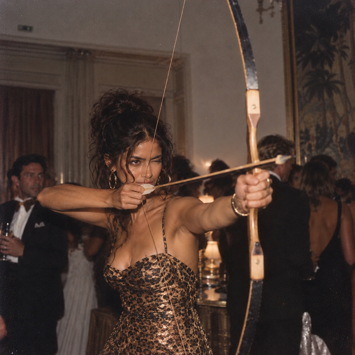Brown-skinned model with dark hair in a messy updo and a leopard-print dress aims a bow and arrow towards the camera at a glamorous evening party, surrounded by elegantly dressed guests in a grainy 1990s-style photograph.